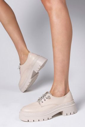 کفش آکسفورد بژ زنانه چرم مصنوعی پاشنه کوتاه ( 4 - 1 cm ) کد 645248058