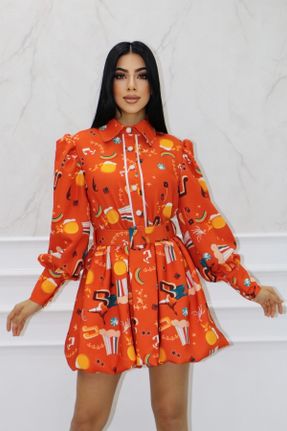 لباس نارنجی زنانه بافتنی بافت رگولار آستین-بلند کد 646059409