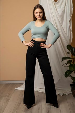 شلوار جین مشکی زنانه پاچه گشاد فاق بلند اورسایز کد 647787111