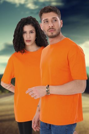 تی شرت نارنجی مردانه ریلکس یقه گرد پنبه (نخی) تکی کد 303630985