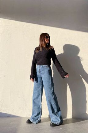 شلوار جین آبی زنانه پاچه گشاد فاق بلند اورسایز کد 647784066