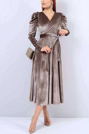 لباس سایز بزرگ قهوه ای زنانه پارچه Genel Markalar - کد 65382759