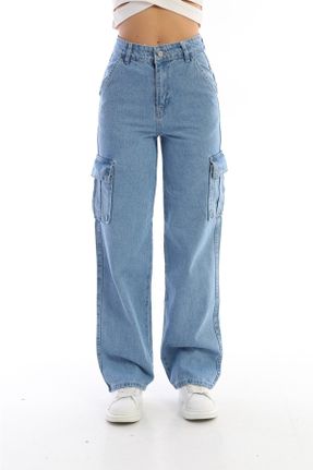 شلوار جین آبی زنانه پاچه لوله ای فاق بلند کارگو کد 650083656