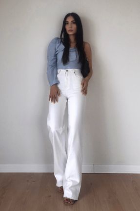 شلوار سفید زنانه پنبه (نخی) جین پاچه راحت فاق بلند کد 315064104