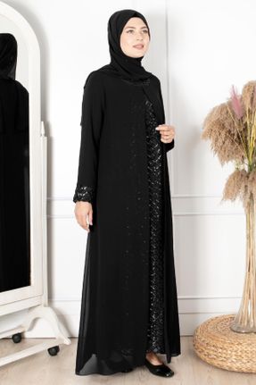 لباس مجلسی مشکی زنانه اورسایز یقه گرد شیفون کد 651158528