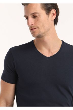 تی شرت سرمه ای مردانه یقه هفت مودال- پنبه رگولار تکی بیسیک کد 653519002