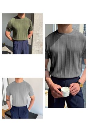 تی شرت طوسی مردانه اسلیم فیت یقه گرد اکریلیک تکی بیسیک کد 653255102