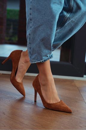 کفش پاشنه بلند کلاسیک قهوه ای زنانه چرم مصنوعی NİŞANTAŞI SHOES - کد 364556025