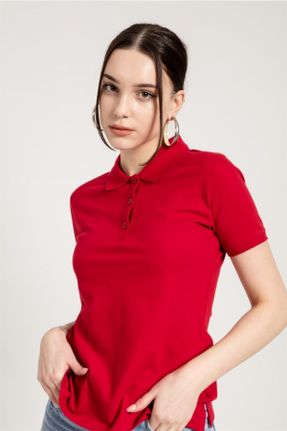تی شرت قرمز زنانه اسلیم فیت یقه پولو پنبه (نخی) بیسیک کد 134341199