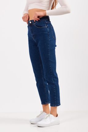 شلوار جین سرمه ای زنانه پاچه گشاد فاق بلند جین ساده بلند کد 379323470
