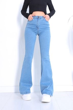 شلوار جین آبی زنانه پاچه راحت فاق بلند جین ساده بلند کد 465640931