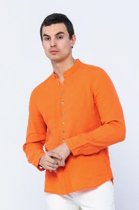 پیراهن نارنجی مردانه رگولار یقه قاضی کتان کد 656119751