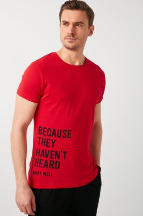 تی شرت قرمز مردانه رگولار یقه گرد پنبه (نخی) کد 87256836