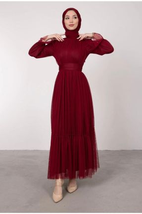 لباس مجلسی زرشکی زنانه یقه اسکی تور A-line کد 658200984