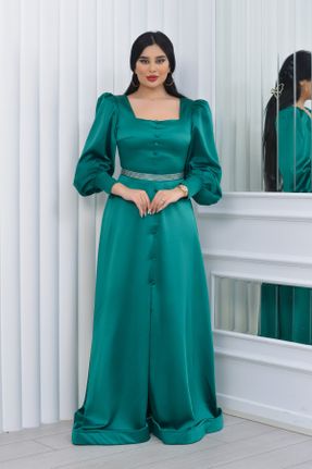 لباس مجلسی سبز زنانه ساتن یقه مربع آستر دار کد 660442100