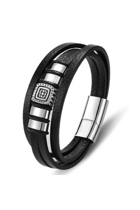 دستبند جواهر مشکی مردانه چرم کد 660091521