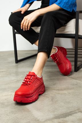 کفش اسنیکر قرمز زنانه بند دار چرم مصنوعی کد 470331449