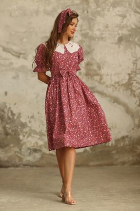 لباس قرمز زنانه بافتنی طرح گلدار رگولار آستین-کوتاه بیسیک کد 352835154