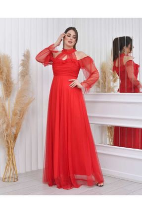 لباس مجلسی قرمز زنانه تور سایز بزرگ کد 664187262