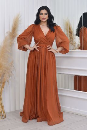 لباس مجلسی نارنجی زنانه تور اورسایز یقه دوبل کد 167999132