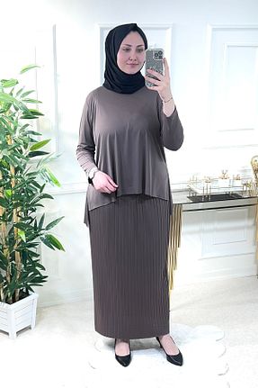 ست بالاتنه و پائین تنه سایز بزرگ قهوه ای زنانه فاق نرمال Aşkı Endam - کد 666696775