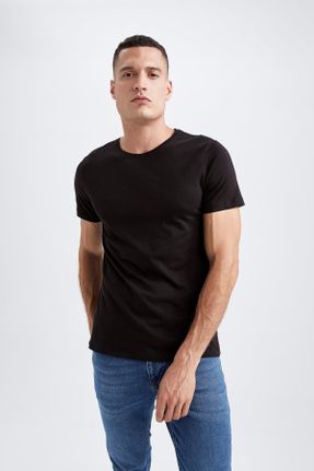 تی شرت مشکی مردانه اسلیم فیت یقه گرد پنبه (نخی) تکی بیسیک کد 205289745