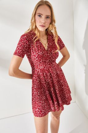 لباس قرمز زنانه بافت مخلوط پلی استر طرح گلدار گلوژ آستین-کوتاه کد 665675929