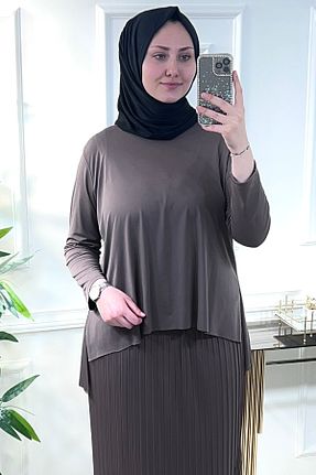 ست بالاتنه و پائین تنه سایز بزرگ قهوه ای زنانه فاق نرمال Aşkı Endam - کد 666696775