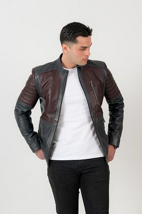 کاپشن زرشکی مردانه چرم خالص DERİCLASS - کد 165046590