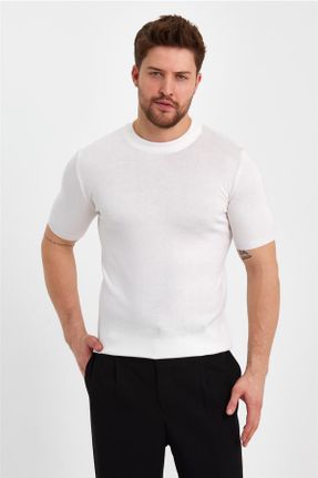 تی شرت سفید مردانه اسلیم فیت یقه گرد اکریلیک تکی بیسیک کد 669211287