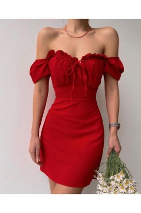 لباس قرمز زنانه بافتنی بافت اسلیم فیت آستین-کوتاه پارتی کد 669866182