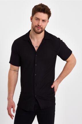 پیراهن مشکی مردانه یقه دکمه دار اسلیم فیت پنبه - پلی استر کد 370621858