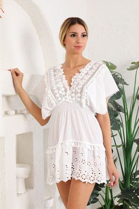 لباس ساحلی سفید زنانه گلدار Dumantekstil - کد 669808533