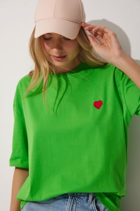 تی شرت سبز زنانه اورسایز یقه گرد پنبه (نخی) تکی بیسیک کد 670933960