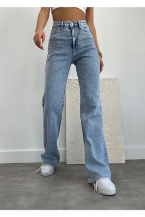 شلوار جین آبی زنانه پاچه راحت فاق بلند جین ساده استاندارد کد 671017671