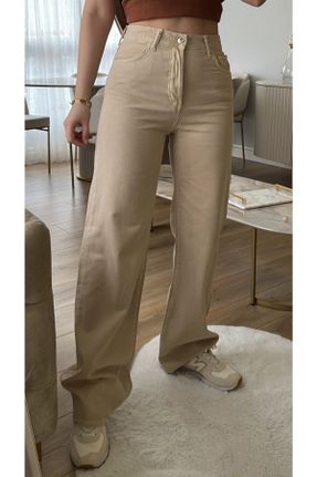 شلوار جین بژ زنانه پاچه لوله ای فاق بلند جین کد 672763615