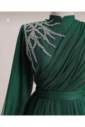 لباس مجلسی سبز زنانه یقه ایستاده تور اورسایز کد 673926626