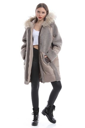پالتو پشمی بژ زنانه رگولار Leather Club - کد 88357591