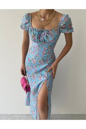 لباس آبی زنانه بافتنی پنبه - پلی استر - الاستن طرح گلدار رگولار آستین-کوتاه کد 103996423
