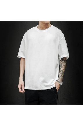 تی شرت سفید مردانه اورسایز یقه گرد پارچه ای کد 243759160