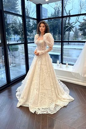 لباس عروس سفید زنانه طرح دار Mediha Cambaz - کد 672370896