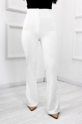 شلوار سفید زنانه پنبه - پلی استر پارچه پاچه اسپانیولی سوپر فاق بلند فاق بلند کد 88887706