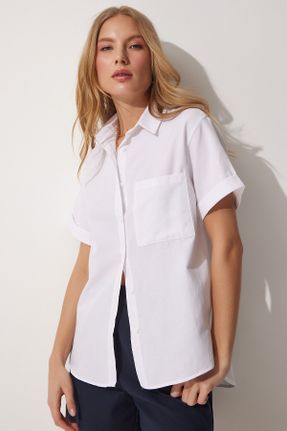 پیراهن سفید زنانه رگولار یقه پیراهنی پنبه - پلی استر کد 673782538