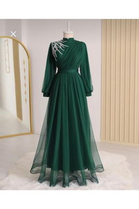 لباس مجلسی سبز زنانه یقه ایستاده تور اورسایز کد 673926626