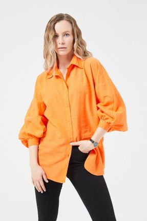 پیراهن نارنجی زنانه یقه پیراهنی مخلوط کتان کد 675018961
