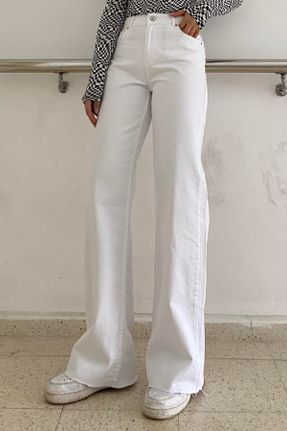 شلوار جین سفید زنانه پاچه گشاد فاق بلند جین ساده بلند کد 675196276