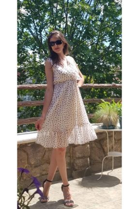 لباس بژ زنانه بافتنی شیفون طرح گلدار راحت کد 44603742
