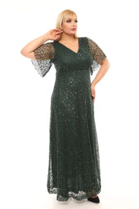 لباس مجلسی سایز بزرگ سبز زنانه یقه دوبل رگولار آستین کوتاه کد 44836586