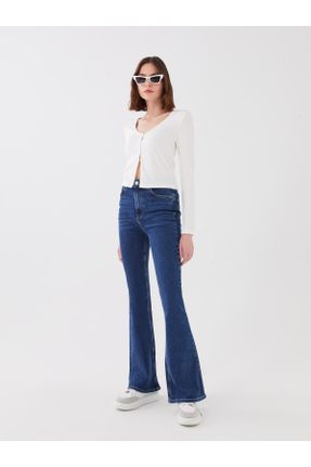 شلوار جین سرمه ای زنانه پاچه اسپانیولی فاق بلند جین بلند کد 679278723