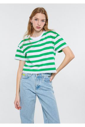 تی شرت سبز زنانه یقه گرد پنبه (نخی) رگولار بیسیک کد 679284244